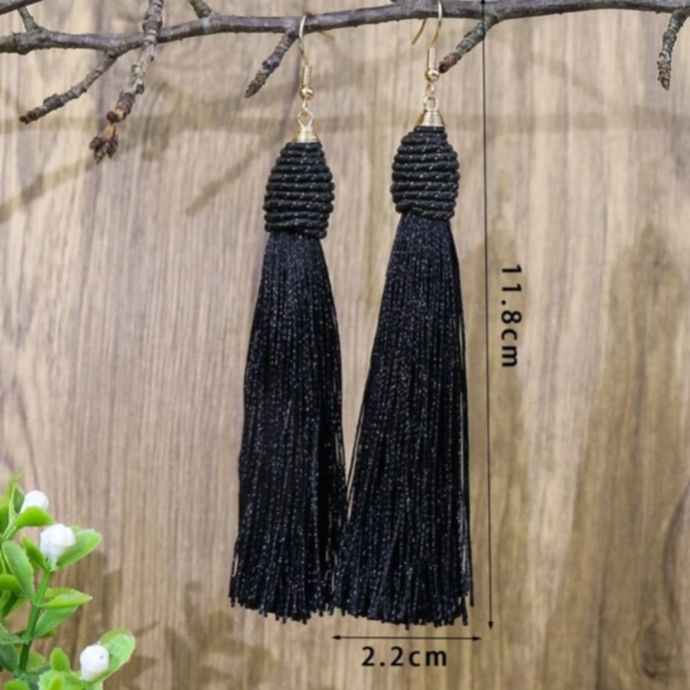 Black Tassel Drop Dangle Earrings - Picture 5 of 5